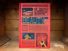 Load image into Gallery viewer, Image shows the front cover of the hardback book Beauty and the Beast with red clothbound style cover detailed with gold foil and illustrations of Beast, Beauty and a red rose.