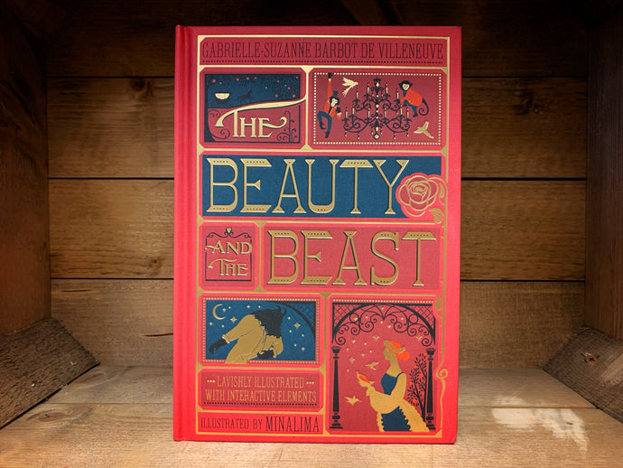 Image shows the front cover of the hardback book Beauty and the Beast with red clothbound style cover detailed with gold foil and illustrations of Beast, Beauty and a red rose.