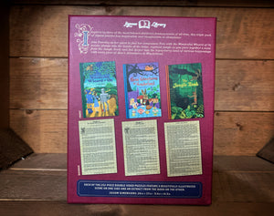 Image of the Jigsaw Library Book Trilogy, featuring three children's classic book puzzles including The Wonderful Wizard of Oz, Alice's Adventures in Wonderland and The Jungle Book. Image shows the back of the box with all three cover designs on one side, as well as the extract from each story on the other.