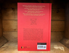 Load image into Gallery viewer, Image of the back cover of Beauty and the Beast with gold foil embossed text excerpt and rose, with blurb below in black text.