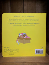 Load image into Gallery viewer, Image of the back cover of board book Clive and His Babies with yellow background and blurb text in blue with a small illustration of Clive&#39;s baby dolls sat in a box.