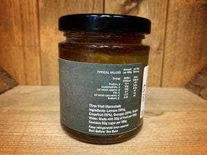 Image shows A Love Triangle three fruit marmalade with ingredients as follows: Lemons (15%), Grapefruit (15%), Oranges (20%), Sugar, Water. Made with 50g of fruit per 100g.