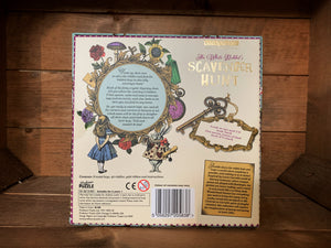 Image of the Wonderland Games White Rabbit's Scavenger Hunt. Back of box image features artwork by John Tenniel and detail of the metal keys and clues contained inside.