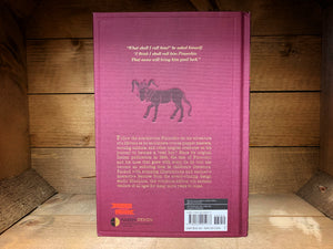 Image showing the back cover of the hardback book The Adventures of Pinocchio with gold embossed quote and embossed donkey with the blurb in embossed gold text.