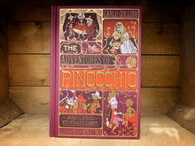 Load image into Gallery viewer, Image showing the front cover of The Adventures of Pinocchio with a burgudy clothbound style cover featuring illustrations of Pinocchio, Gepetto, puppets, Blue Fairy, the Cricket and Sly Fox and Cat all with gold foil embossed line detailing.
