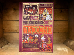 Image showing the front cover of The Adventures of Pinocchio with a burgudy clothbound style cover featuring illustrations of Pinocchio, Gepetto, puppets, Blue Fairy, the Cricket and Sly Fox and Cat all with gold foil embossed line detailing.