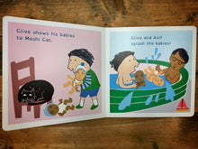 Load image into Gallery viewer, Image of a preview page from Clive and His Babies  with bright and simple illustrations showing Clive with his baby dolls and playing in the paddling pool with his friend Asif.