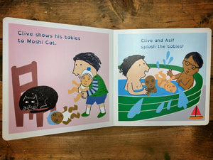 Image of a preview page from Clive and His Babies  with bright and simple illustrations showing Clive with his baby dolls and playing in the paddling pool with his friend Asif.
