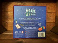 Load image into Gallery viewer, Image of the puzzle Word Whizz showing the back of the box. Game for 2+ players. Set contains 30 word wheels, answer pad, 4 pencils, sand timer and instruction sheet.