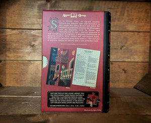 Image of the Jigsaw Library Romeo & Juliet showing the back cover of the book-shaped box and the double-sided puzzle design with the image and an excerpt from the story.