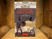 Load image into Gallery viewer, Image showing the front of the box for the Endless Odyssey with muted colour palette and illustrations depicting a heroic warrior and a minotaur with an ancient sailing ship on the sea in the background