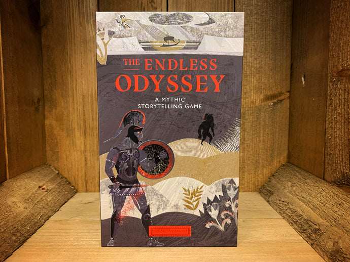 Image showing the front of the box for the Endless Odyssey with muted colour palette and illustrations depicting a heroic warrior and a minotaur with an ancient sailing ship on the sea in the background