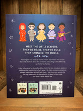 Load image into Gallery viewer, Image showing the back cover of the book Little Leaders Visionary Women Around the World with a blue background and a blurb in white text, with cute illustrations of five women featured inside the book including Yayoi Kusama, Sister Rosetta Thorpe,  Hedy Lamarr, Edith Head and Wang Zhenyi