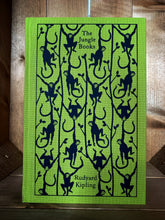 Load image into Gallery viewer, Image showing the front cover of the Penguin clothbound classic The Jungle Books featuring a lime green background with a repeat printed pattern of navy blue capuchin monkeys hanging from vines or each other. 