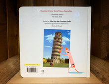 Load image into Gallery viewer, Image shows the back cover of the board book The Day The Crayons Came Home showing a postcard image of the leaning tower of Pisa and Neon Red crayon trying to push it upright.