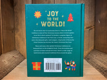 Load image into Gallery viewer, Image showing the back cover of the Atlas of Christmas with a dark green cover, white blurb text and graphic illustrations of a tree, star, wrapped present and elves.