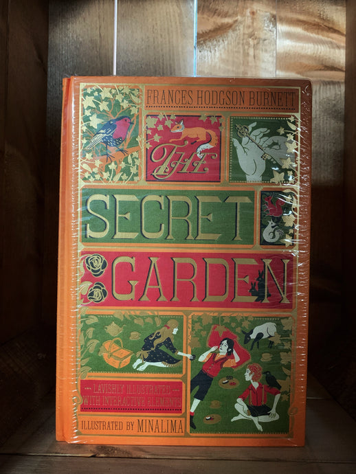 Image showing The Secret Garden MinaLima edition book with an orange clothbound cover printed with gold, red and olive green and showcasing mini illustrations from the tale, such as the robin, a key, a fox, some squirrels and Mary, Dickson and Colin with a picnic in the garden.