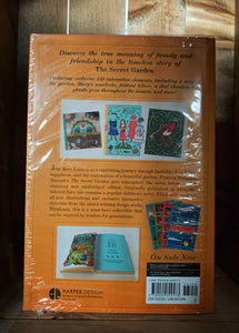 Image of the back of The Secret Garden MinaLima edition book. Back cover features a fly page showing all the features of the book including interactive elements such as a paper doll, foldout letters and a map of the garden.