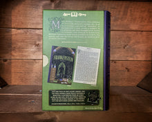 Load image into Gallery viewer, Image of the Jigsaw Library Frankenstein showing the back cover of the book-shaped box and the double-sided puzzle design with the image and an excerpt from the story.