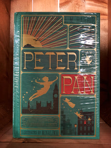 Image showing the Peter Pan MinaLima edition book with a jade green clothbound cover. The front cover is printed in gold, red and dark green and shows mini illustrations from the tale including a sunrise over Pirate's Cove with a pirate ship, Peter Pan flying over London's skyline with Tinkerbell, Wendy and her brothers all flying out of their bedroom window.