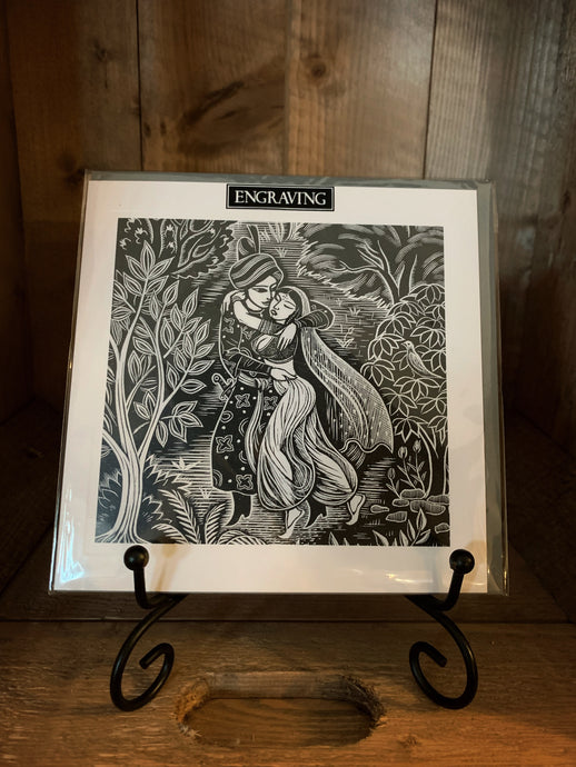 Image of the greetings card  The Tale of Princess Zulaikah in a black and white wood engraving print in a square design.