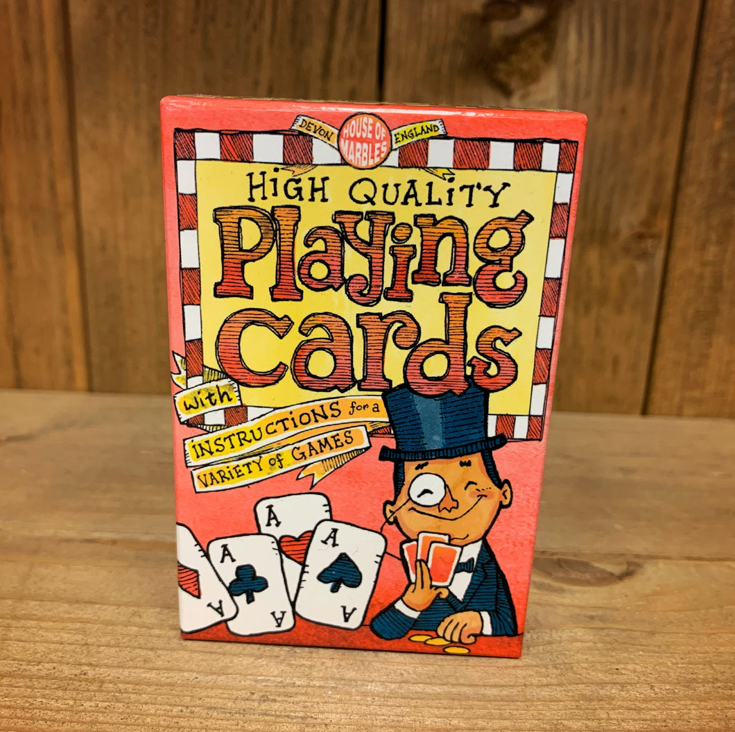 Image shows the front of the box of playing cards. It is a standard sized pack, and states that it contains instructions for a variety of games.