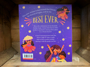 Image shows the back cover of The Best Diwali Ever. The blurb for the book is in white text, surrounded by illustrations of a girl running/dancing, carrying flowers, and arguing with a sibling. The background is all one shade of purple. 