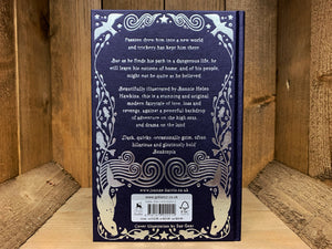 Image shows the back cover of the book The Blue Salt Road. The blurb is embossed in silver, same as the front, surrounded by a continuation of the seaweed patterns from the front.
