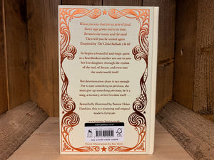 Image shows the back cover of the book Orfeia. The blurb is embossed in bronze, same as the front, surrounded by a continuation of the patterns from the front.