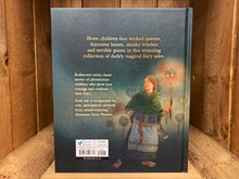 Load image into Gallery viewer, Image shows the back cover of the hardback book Fairy Tales for Brave Children. The background is coloured in dark green, and has an illustration of a girl holding a flaming skull torch. The blurb is written in yellow text. 