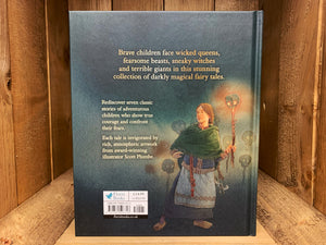 Image shows the back cover of the hardback book Fairy Tales for Brave Children. The background is coloured in dark green, and has an illustration of a girl holding a flaming skull torch. The blurb is written in yellow text. 