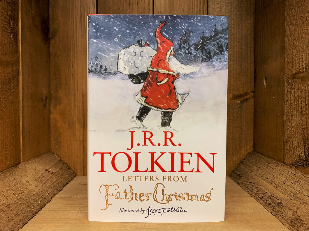 Image shows the front cover of the hardback book Letters from Father Christmas. There is an illustration of Father Christmas carrying a full sack across a wintry landscape, with pine trees and dark skies in the background. The name J. R. R. Tolkein is written in large red text, with the title underneath in gold text. 