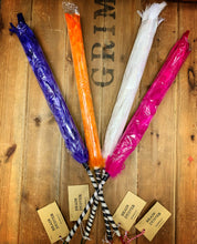 Load image into Gallery viewer, Image showing a variety of colours of Brain Dusters in purple, orange, white and hot pink with black and white striped handles with kraft labels.