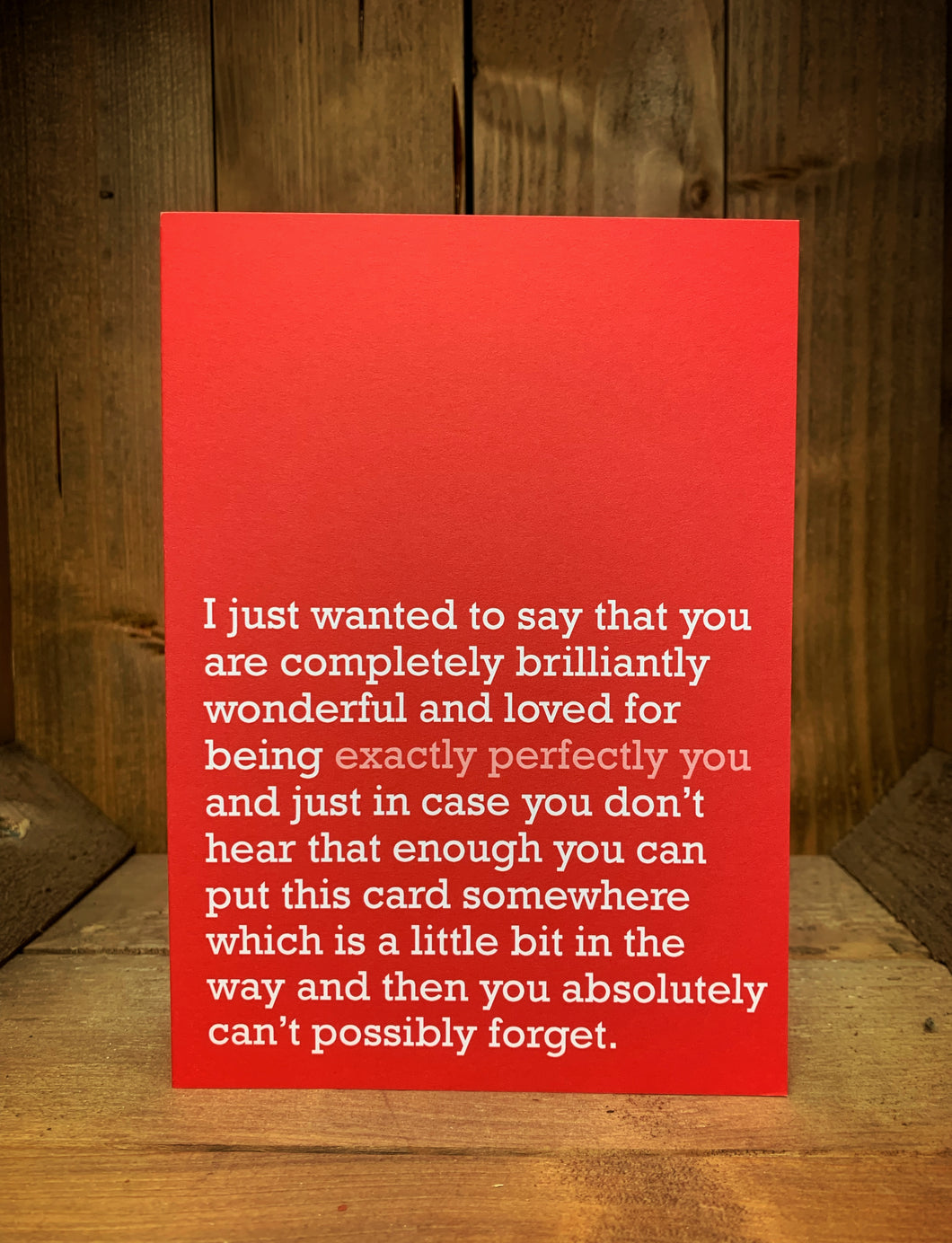 Image of the red coloured greetings card with a typed message on the front in white text saying, 'I just wanted to say that you ae completely brilliantly wonderful and loved for being exactly perfectly you and just in case you don't hear that enough you can put this card somewhere which is a little bit i the way and then you absolutely can't possibly forget.' The word 'exactly perfectly you' are typed in pink and the card is blank inside.