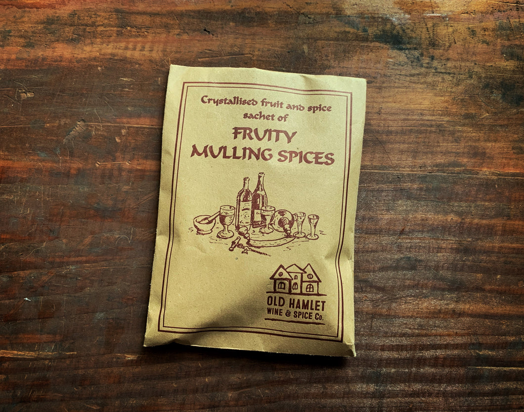 Image of the front of a kraft paper pouch of Fruity Mulling Spices. 