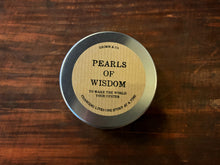 Load image into Gallery viewer, Image is a top down view of a tin of Pearls of Wisdom, showing the kraft sticker label with the name.