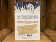 Load image into Gallery viewer, Image shows the back cover of the book Letters from Father Christmas. The wintry illustration continues from the front, with a snowy house at the top. The blurb is written in navy and red text, and there is a photo of one of the Tolkein letter envelopes underneath.
