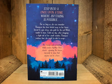 Load image into Gallery viewer, Image of the back cover of the book Rumaysa. The blurb is in the centre in white, black, and orange text, and the illustration of forest and sky from the front continues, in the same shades of orange and blue.