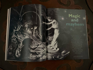 Image of the Children's Book of Mythical Beasts & Magical Monsters laid open to show the illustration on the intro pages for the chapter 'Magic and Mayhem'.
