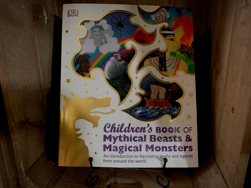 Image of the front cover of the paperback book Children's Book of Mythical Beasts & Magical Monsters, displayed in a book stand.