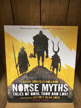 Load image into Gallery viewer, Image of the hardback book Norse Myths Tales of Odin, Thor and Loki with a front cover illustration featuring a yellow background and a white lightening strike with three silhouettes of Odin, Thor and Loki standing on a rick.