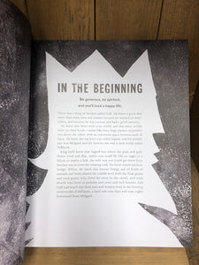 Image of the opening tale of Norse Myths Tales of Odin, Thor and Loki with the text shown inside the white negative space of a king wearing a crown.