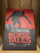 Load image into Gallery viewer, Image of the hardback book Norse Tales: Stories from Across the Rainbow Bridge featuring a red background and a black silhouette of a giant troll towering over four Norse Gods.