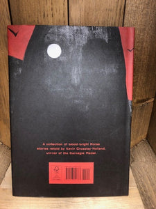 Image showing the back cover of the book Norse Tales with a black illustration of Odin with his eyepatch on a red background.