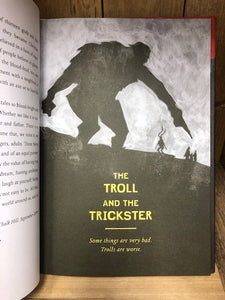 Image showing an illustration from inside the book Norse Tales, with an illustration in silhouette featuring a towering troll and four small Norse Gods.